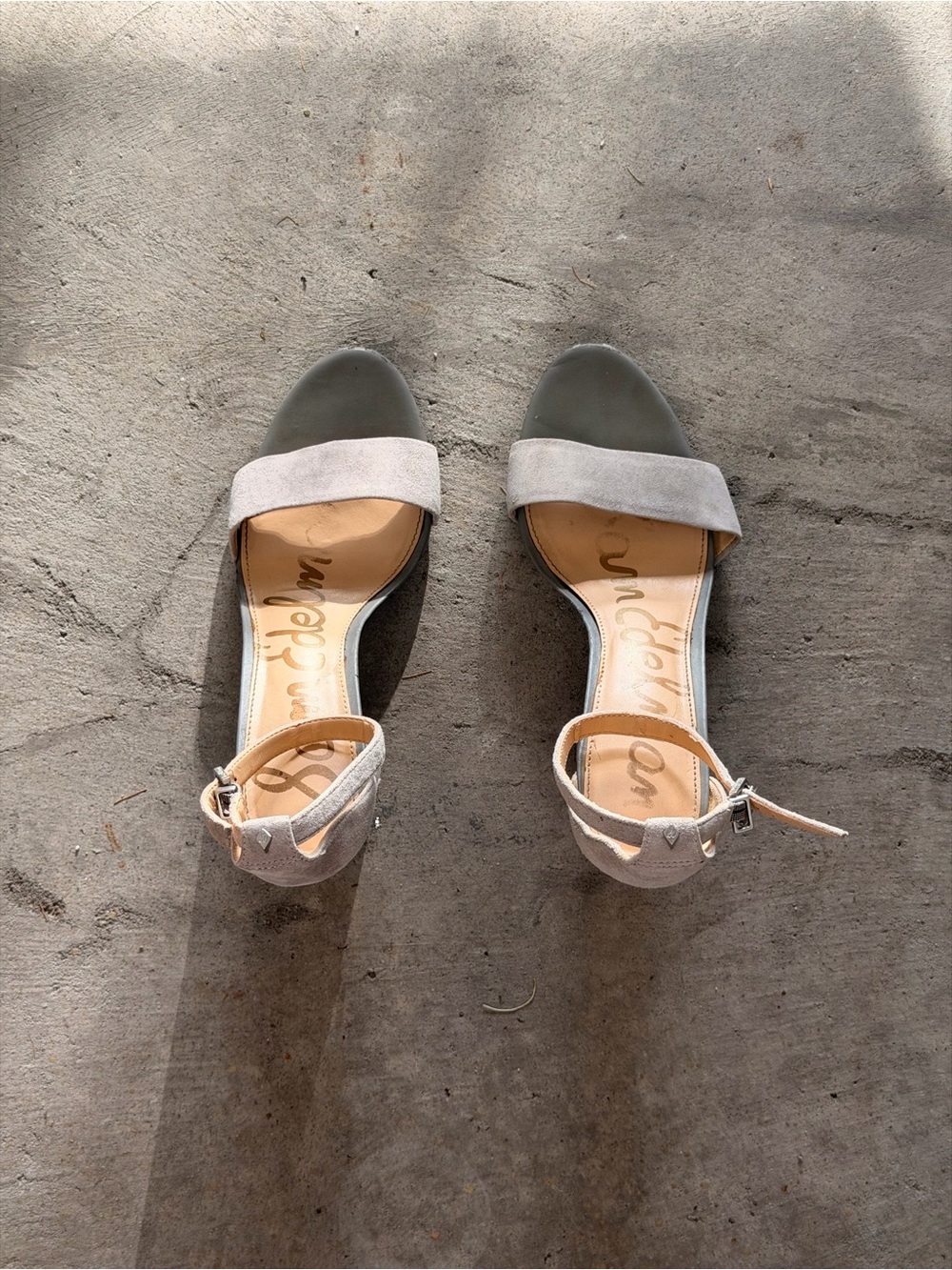Sam Edelman Two-Tone Open-Toe Ankle Strap Heels in Gray and Light Gray